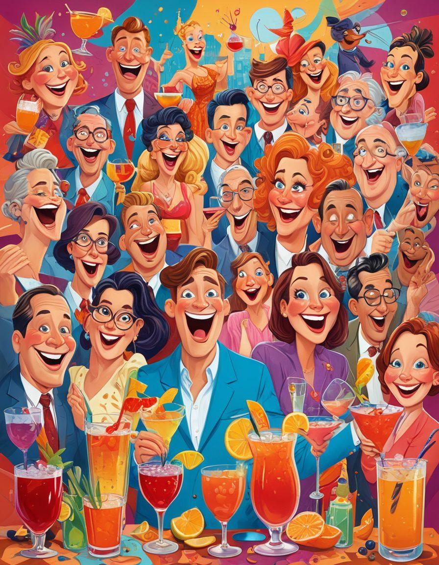 A whimsical, colorful collage showcasing various adult comedy characters in humorous poses, blending elements of parody and pleasure. Include exaggerated facial expressions on cartoonish figures, a playful background with hints of adult themes like cocktails and laughter. Ensure a balance between humor and allure, capturing the essence of comedy. Vibrant colors. vector art.