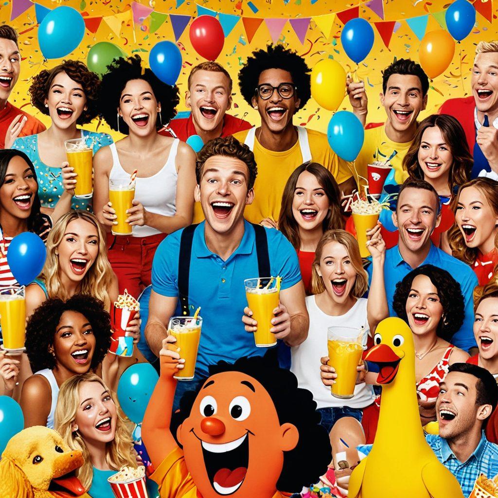 A colorful collage of cartoon characters engaging in humorous and playful adult-themed scenarios, with exaggerated expressions and laughter, surrounded by a variety of comical props like oversized drinks and rubber chickens. The background is lively and filled with elements like confetti and party decorations, creating a festive atmosphere. The overall vibe should be fun, cheeky, and inviting, appealing to a sense of adventure and mischief. vibrant colors. cartoon style. playful theme.