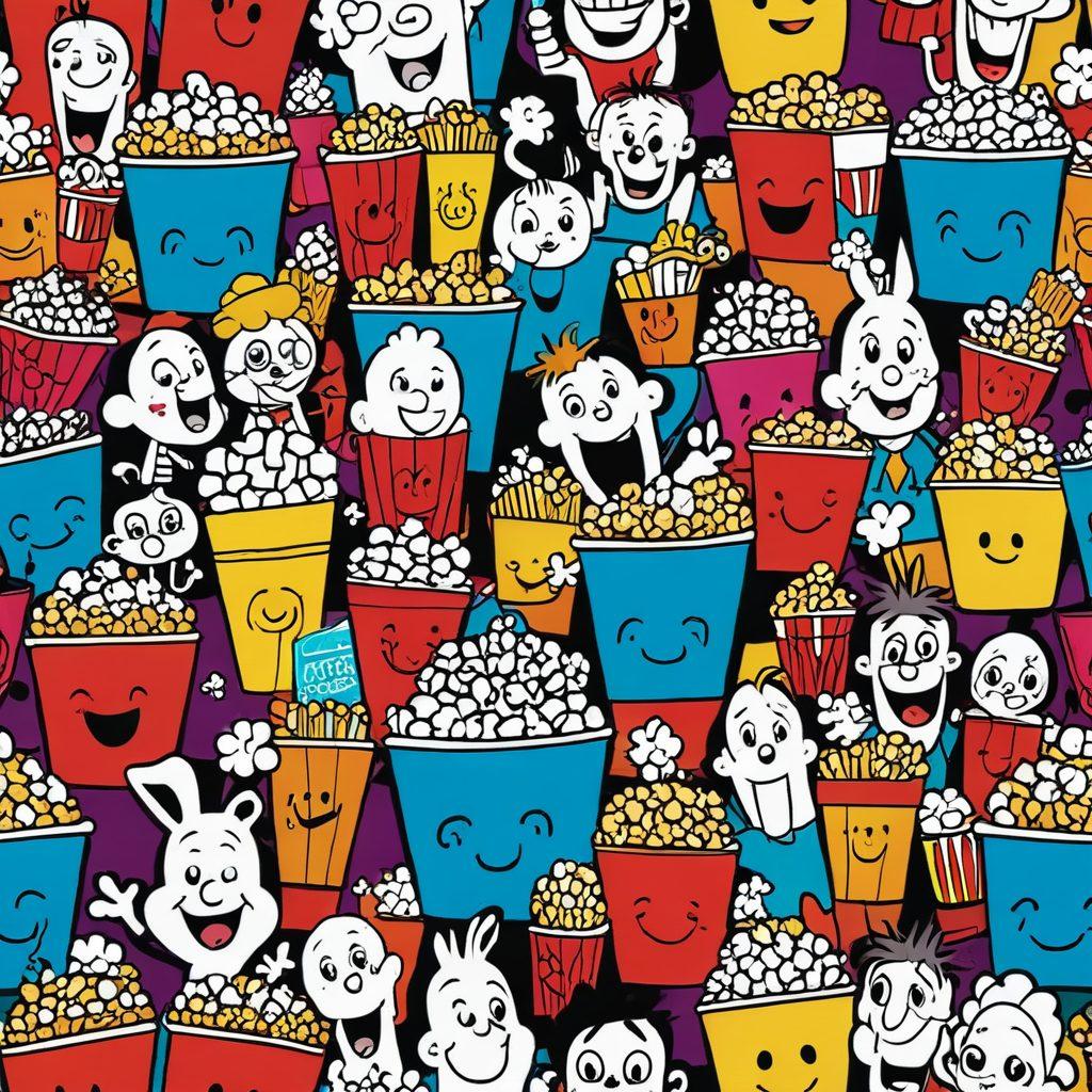 A vibrant collage of various comedic scenes featuring animated characters laughing hysterically, with exaggerated facial expressions and funny antics. Include elements like a comedy club stage, a mic, and a popcorn bucket spilling over in excitement. Bright colors and whimsical details create a lively atmosphere, inviting adults to join in the fun. cartoon style. vibrant colors. playful background.